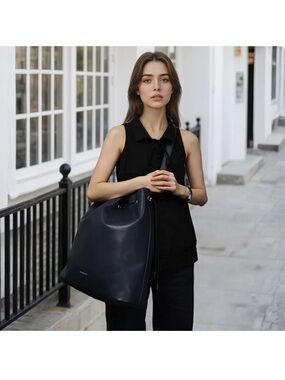 Black vegan  Leather Drawstring bucket Bag
